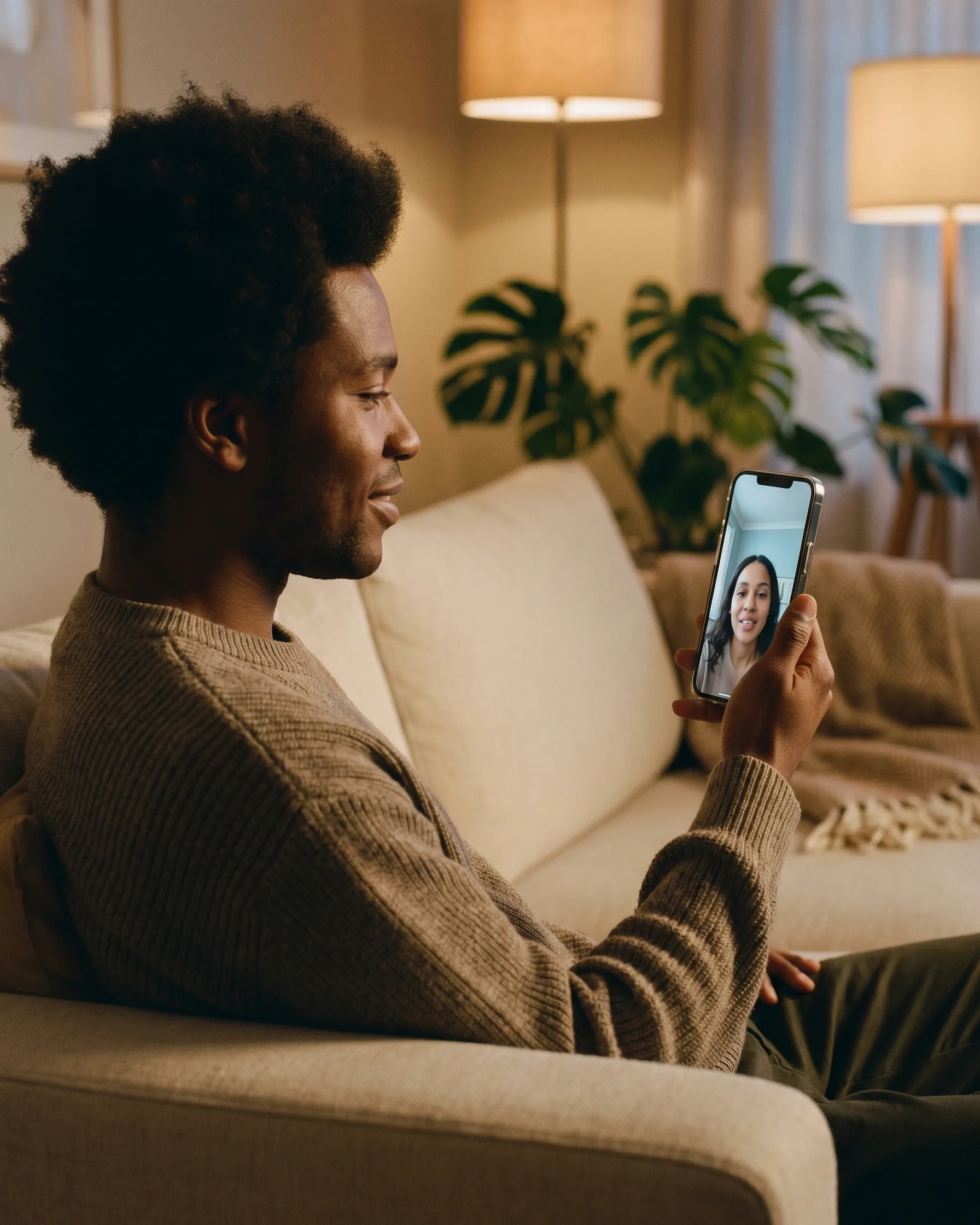 Hand holding a phone on a video call