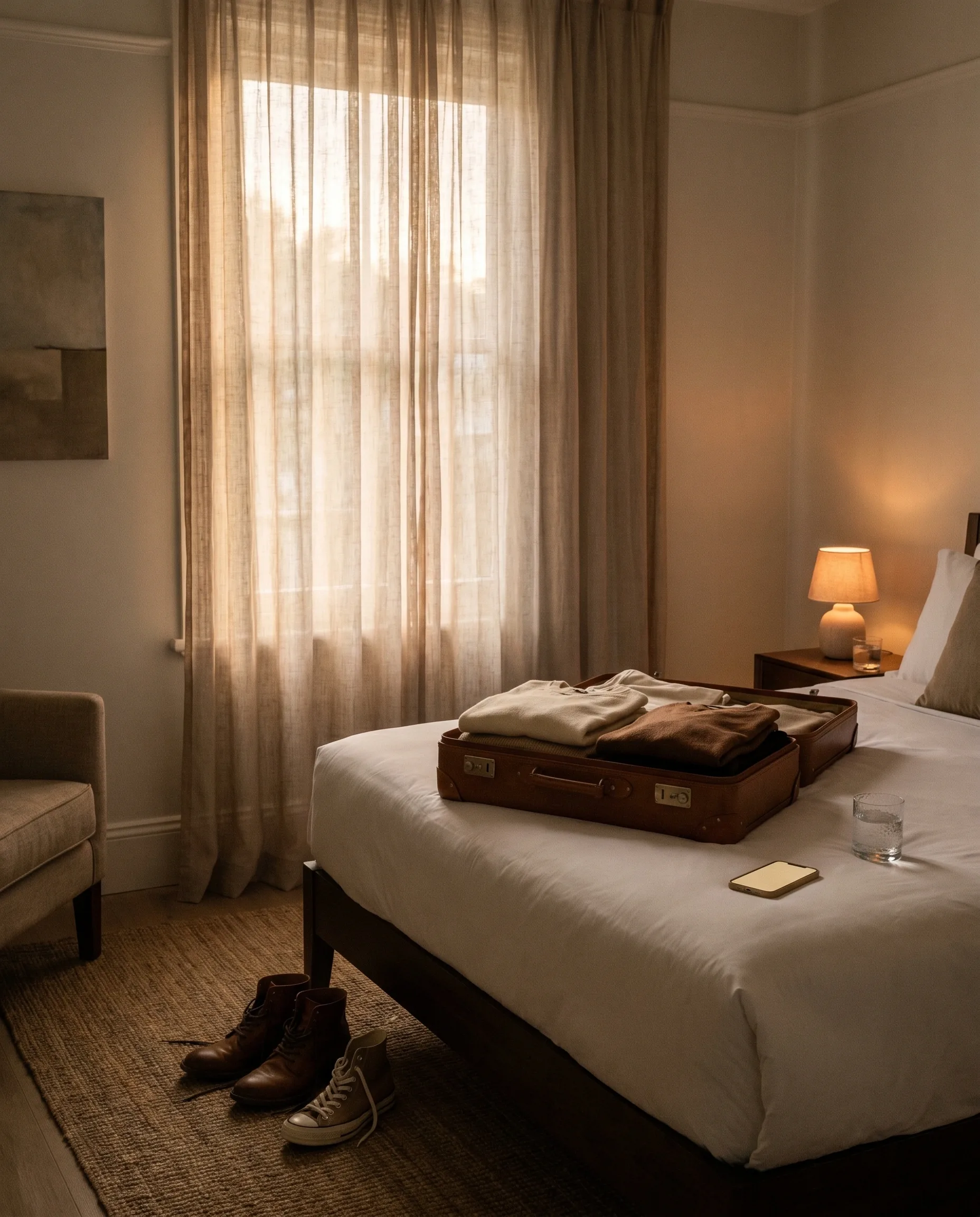 Open suitcase on a hotel bed